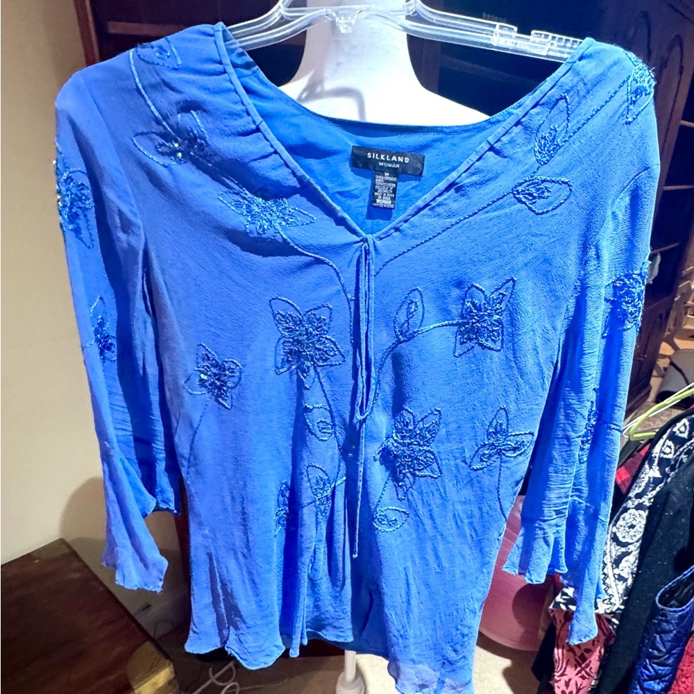 SilkLand Royal Blue Embroidered V-Neck Tie-Front Tunic